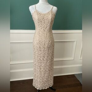 ASPEED Cream colored Midi Dress with Gold Metallic Lace Spaghetti Strap Size 3/4